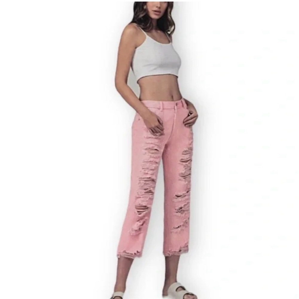 Simple Society Pink Distressed Denim Crop Pants Size 7/28.